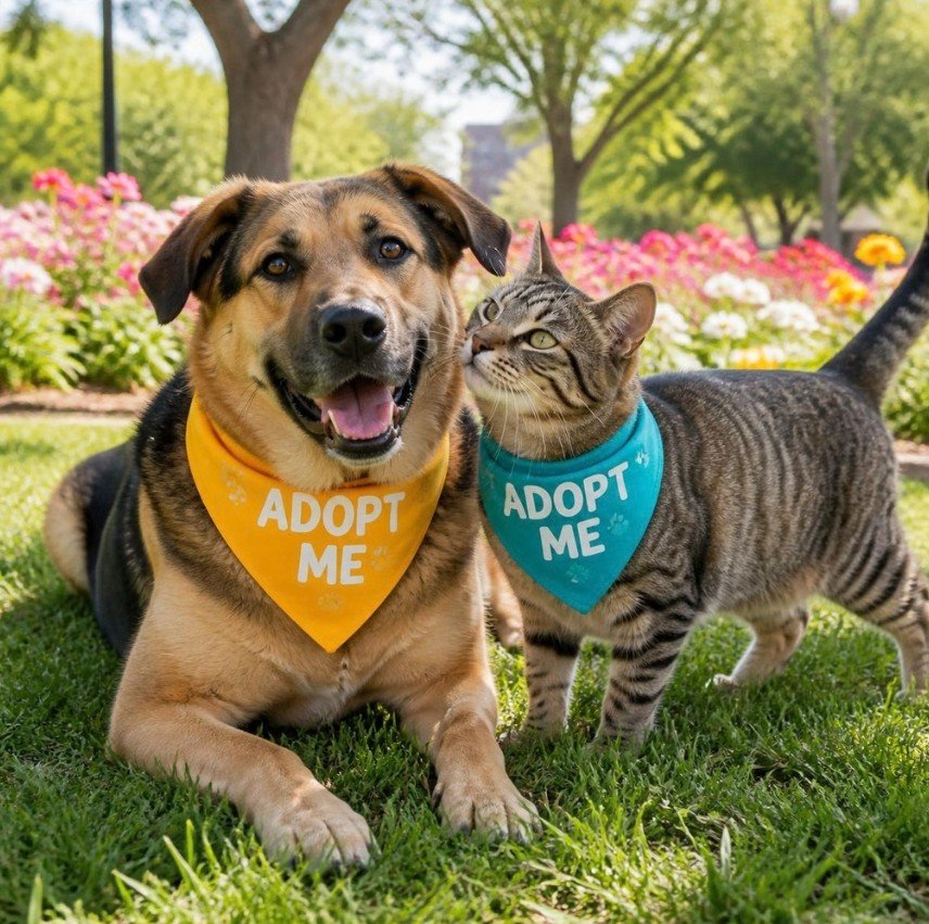 Dog and cat with adopt me bandana