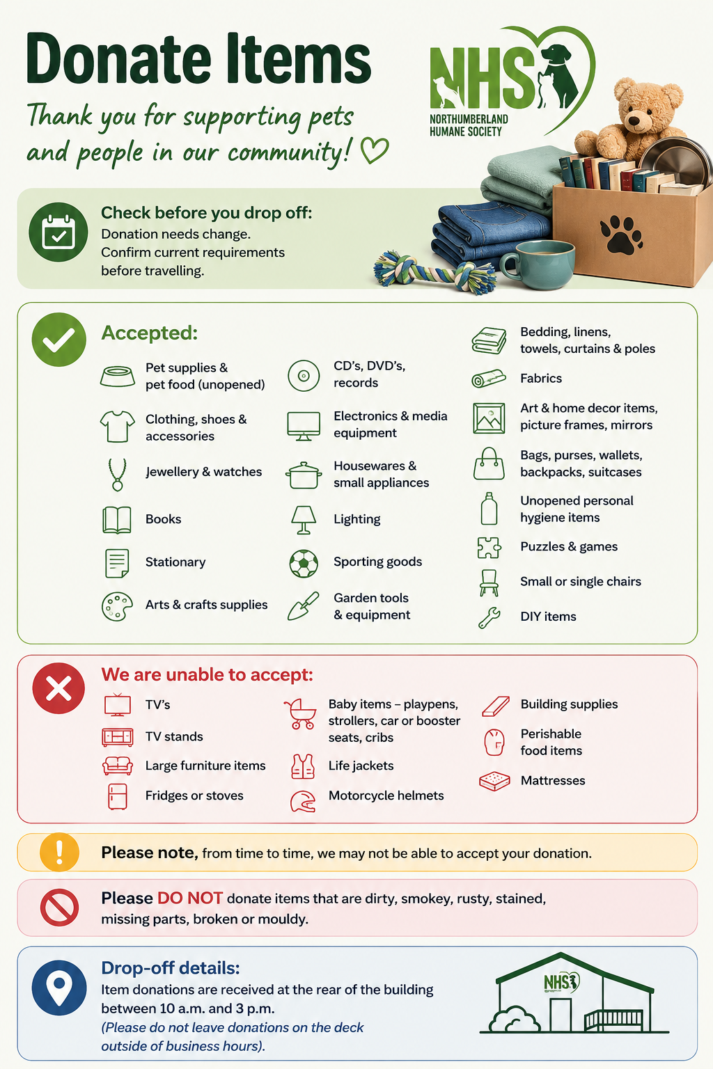 List of items accepted for donation. 